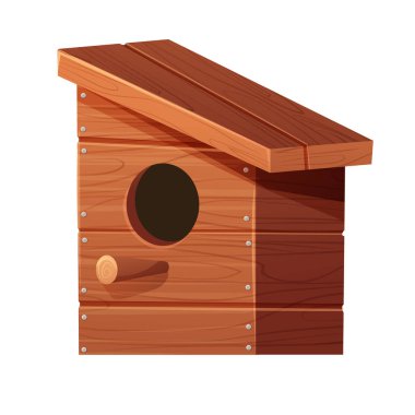 Tahta kuş evi, yuva yeri, çizgi film tarzında boş dekorasyon beyaz arka planda izole ahşap nesne. Bahar dekorasyonu, evde takılmak. Vektör illüstrasyonu