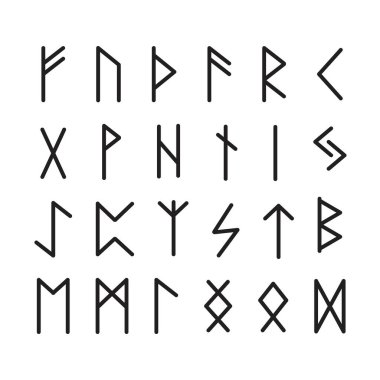 Rünler, İskandinav alfabesi, esrarengiz semboller çizim tarzında beyaz arka planda izole edilmiş. - Evet. Vektör illüstrasyonu