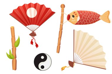 Geleneksel feneri, asılı lambayı altın elementlerle ve püsküllerle, Asya el eğlencesini tahta ve kağıt malzemeyle beyaz arka planda izole edilmiş çizgi film tarzında ayarla. Vektör illüstrasyonu