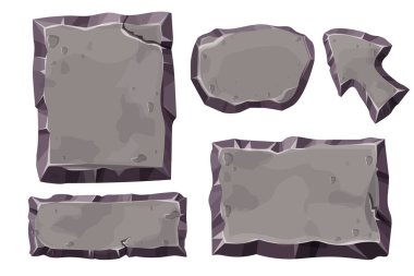 Taş oyun menü panellerini, desenli ui çerçeve arayüz şablonunu beyaz arkaplanda izole çizgi film tarzında ayarla. Vektör illüstrasyonu