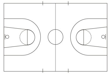 Basketbol sahası, siyah çizgiler, zemin üstü taktik oyun çerçevesi beyaz arka planda izole edilmiş. Vektör illüstrasyonu