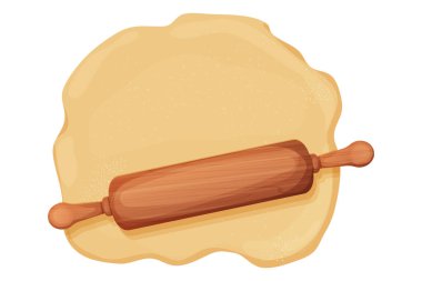 Ahşap, hamurlu ve un saplı merdane beyaz arka planda izole çizgi film tarzında mutfak malzemeleri. Ahşap desenli silindir, çatal bıçak, fırın tarifi. Vektör illüstrasyonu