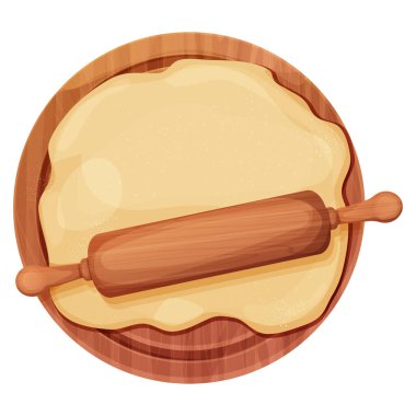 Ahşap, hamurlu merdane ve un saplı mutfak ekipmanı beyaz arka planda izole çizgi film tarzında kesim masasının üst görüntüsünde. Ahşap desenli silindir, çatal bıçak, fırın tarifi. Vektör