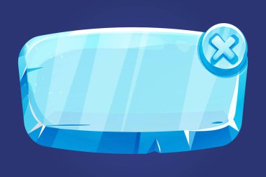 Buz tuşu, donmuş çerçeve, beyaz arkaplanda izole çizgi film tarzında seviye menüsü. Cam parlayan panel, oyun elemanı. - Evet. Vektör illüstrasyonu