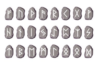Rune Stone, İskandinav sihirli oyun sembolleri, beyaz arka planda izole edilmiş çizgi film tarzında kutsal yazılar. Koleksiyon İskandinav harfleri gizli mektuplar. Vektör illüstrasyonu