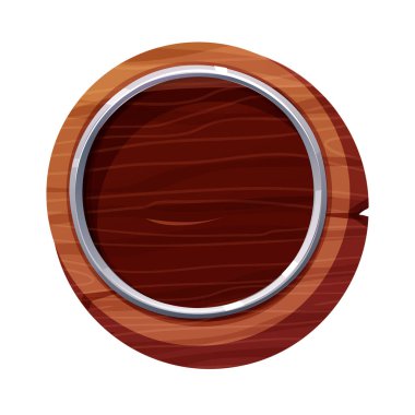 Metal kenarlı ahşap daire panel, beyaz arka planda izole edilmiş karikatür şeklinde çerçeve. İmza çubuğu, menü şablonu, oyun arka planı. Vektör illüstrasyonu