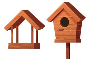 Beyaz arka planda karikatür tarzında ahşap kuş yemliği ve çatısı, deliği ve tohumları olan kuş yuvası kurun. Asılı inşaat, kuş bakımı. Vektör illüstrasyonu