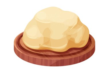 Ahşap kesilmiş tahta üzerinde hamur ve çizgi film stili un. Ekşi top, mayalanma, ekmek hazırlama. Vektör illüstrasyonu