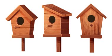 Tahta kuş evi, yuva yeri, çizgi film tarzında boş dekorasyon beyaz arka planda izole ahşap nesne. Bahar dekorasyonu, evde takılmak. Vektör illüstrasyonu