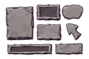 Taş oyun menü panellerini, desenli ui çerçeve arayüz şablonunu beyaz arkaplanda izole çizgi film tarzında ayarla. Vektör illüstrasyonu