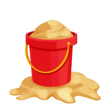 Altın kumda kırmızı kova, beyaz arka planda izole çizgi film tarzında oyuncak. Çocuk yaz oyunu açık havada. Vektör illüstrasyonu