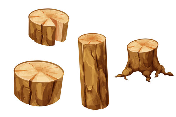 Set Wooden stump forest tree trunk with roots, log, cut section in cartoon style isolated. Plant detailed. . Vector illustration