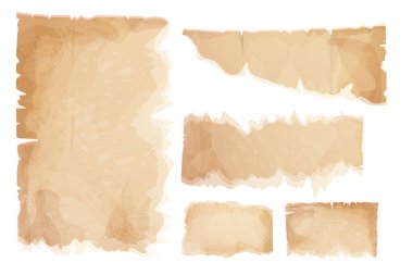 Parşömen kağıdı, yırtık parçalar, çizgi film tarzında eski çarşaflar, beyaz arkaplanda izole edilmiş desenli boş notlar. Oyun öğeleri. Vektör illüstrasyonu