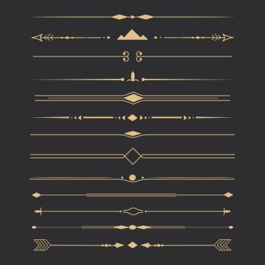 Kabile altın etnik ok ayırıcıları, kızılderili yayı gibi koyu arkaplanda karalama stili. Koleksiyon sınırları, dekorasyon unsurları. Vektör illüstrasyonu