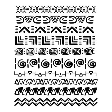 Beyaz arka planda izole edilmiş geometrik şekillerden elde çizilmiş Afrika kabilesi motifi sınırını ayarlayın. Boho İskandinav srtoke, geleneksel yerel dekor. Vektör illüstrasyonu