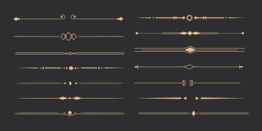 Metin saptırıcı seti, altın çizgi ayırıcıları, zarif karalama kenarları, koyu arkaplanda izole dekoratif elementler. Vektör illüstrasyonu