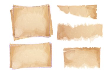 Parşömen kağıdı, yırtık parçalar, çizgi film tarzında eski çarşaflar, beyaz arkaplanda izole edilmiş desenli boş notlar. Oyun öğeleri. Vektör illüstrasyonu
