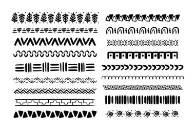 Beyaz arka planda izole edilmiş geometrik şekillerden elde çizilmiş Afrika kabilesi motifi sınırını ayarlayın. Boho İskandinav srtoke, geleneksel yerel dekor. Vektör illüstrasyonu