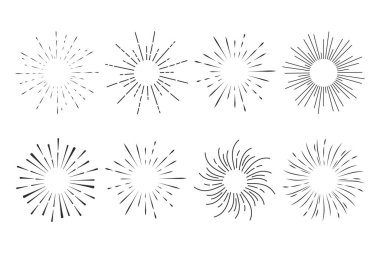 Havai fişekler, ışınlar, güneş patlaması çerçeveleri sınır dekorasyonu, karalama tarzında ışıltı, beyaz arka planda izole çizim patlaması. Vektör illüstrasyonu