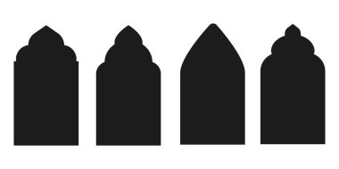 İslami kemer çerçevelerini, pencere veya kapı siluetini, beyaz arkaplanda izole edilmiş basit geometrik kenarlığı ayarla. Cami kapısı, İslami arabesk, Arap müslüman şekli kemeri. Vektör illüstrasyonu