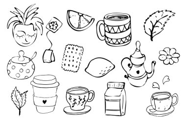 Çay ve kahveyi fincanlarla hazırla, nane, papatya, limon ve süt beyaz arka planda izole edilmiş. Vektör illüstrasyonu