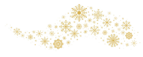 Wave golden snowflake swirl winter snow border ice decoration isolated on white background. Holiday crystal curve shape design, magic ornament. Vector illustration