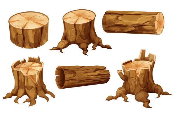 Set Wooden stump forest tree trunk with roots, log, cut section in cartoon style isolated. Plant detailed. . Vector illustration