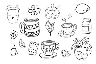 Çay ve kahveyi fincanlarla hazırla, nane, papatya, limon ve süt beyaz arka planda izole edilmiş. Vektör illüstrasyonu