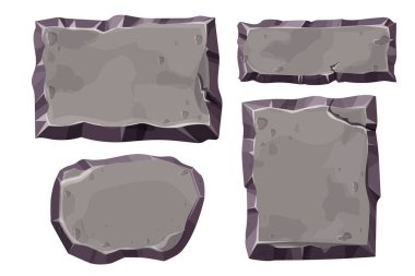 Taş oyun menü panellerini, desenli ui çerçeve arayüz şablonunu beyaz arkaplanda izole çizgi film tarzında ayarla. Vektör illüstrasyonu