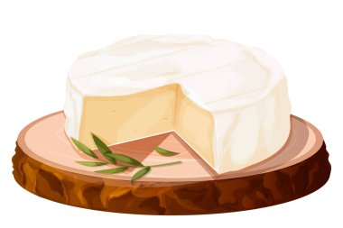 Camembert peyniri, beyaz arka planda izole edilmiş ahşap tepside kremalı krem peynir. - Evet. Vektör illüstrasyonu