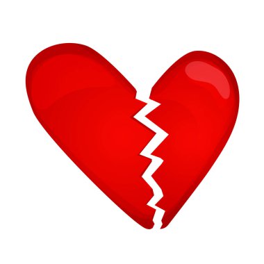 Kırmızı kalp krizi, sevgisiz sembol, beyaz arka planda izole edilmiş karikatür tarzında kalp kırıklığı. Üzgün çatlak emoji ikonu. Vektör illüstrasyonu