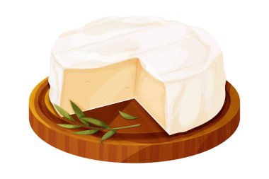 Camembert peyniri, beyaz arka planda izole edilmiş ahşap tepside kremalı krem peynir. - Evet. Vektör illüstrasyonu
