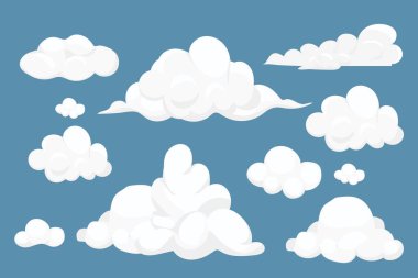 Set fluffy clouds simple cute design in cartoon style isolated on blue background. Collection weather soft object, design element. Vector illustration