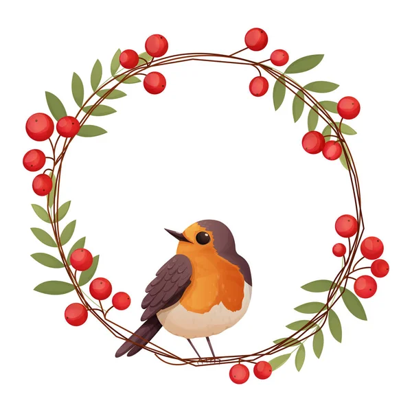 Robin bird with wreath cute little bird character on branch in cartoon style isolated on white background. . Vector illustration