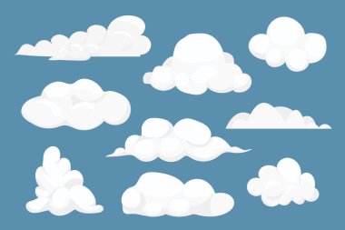 Set fluffy clouds simple cute design in cartoon style isolated on blue background. Collection weather soft object, design element. Vector illustration