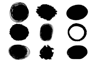 Beyaz arkaplana izole edilmiş çember grunge jagged çerçeve sınır karikatür soyut karalama şekilleri ayarlayın. Dairesel boya küresi vuruşu. Vektör illüstrasyonu