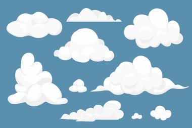 Set fluffy clouds simple cute design in cartoon style isolated on blue background. Collection weather soft object, design element. Vector illustration