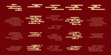 Asya altın bulutu seti, kırmızı arka planda izole edilmiş geleneksel soyut koleksiyon. Kutlama için Çin nişanı. Vektör illüstrasyonu