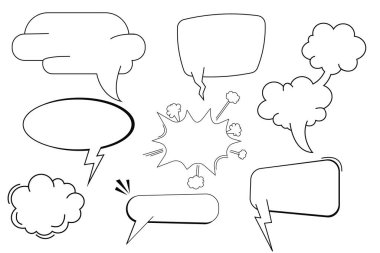 Beyaz arkaplanda izole edilmiş pow baloncuk konuşma komik ifade çerçeve karalama ayarlayın. Patlama etkisi, yarım ton dekorasyon. Vektör illüstrasyonu