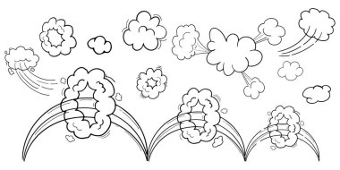 Komik hareket efekti, bulutların hızı, hızlı rüzgar girdabı, beyaz arka planda izole edilmiş puf elementler. Patlama. Vektör illüstrasyonu