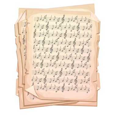 Eski müzik melodisine sahip parşömen kağıdı, beyaz arka planda izole edilmiş şarkı albümü, tasarım unsuru, çerçeve. Vektör illüstrasyonu