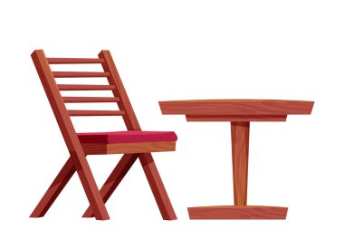 Sandalyeli piknik masası ahşap mobilya, tahta masa ve beyaz arka planda karikatür tarzı kırsal yapı. Çizgi roman ahşap sehpa. Vektör illüstrasyonu