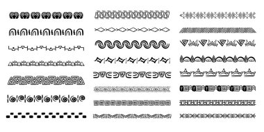 Beyaz arka planda izole edilmiş geometrik şekillerden çizilmiş karalama elle çizilmiş Aztek kabile güdüsü sınırını ayarlayın. Boho İskandinav srtoke, geleneksel yerel dekor. Vektör illüstrasyonu