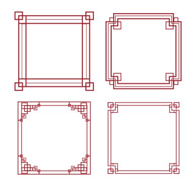 Çin geleneksel çerçeveleri, beyaz arka planda izole edilmiş düğüm köşeli çizgi kenarları. Asya dekorasyonu, retro. Vektör illüstrasyonu