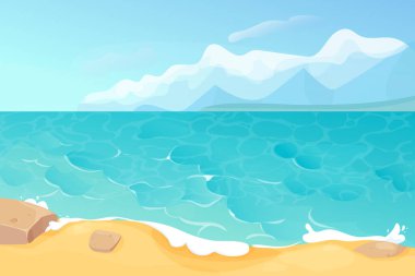 Okyanus yazının deniz kıyısı, kumlu ve taşlı kıyı şeridi, çizgi film tarzında dağları olan. Deniz manzarası, tropik plaj manzarası. Vektör illüstrasyonu
