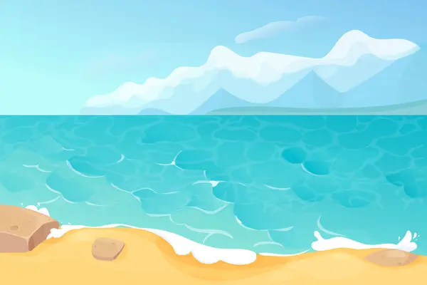 Ocean summer beach sea seashore, coastline with sand and stones, with mountains on horizon in cartoon style. Seaside landscape, tropical beach landscape. Vector illustration