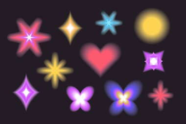 Aura Y2k bulanık grajit set odaklanmamış şekiller, soyut geometrik şekiller, yıldız, kalp, çiçek modaya uygun geçmişe dönük. Fütürist koleksiyonu. Vektör illüstrasyonu