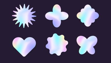 Holografik y2k gelecekteki metal rozet, pul, trndy coloded sticker set heart ve soyut şekiller. Gümüş folyo etiketi koleksiyonu. Vektör illüstrasyonu