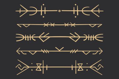 Set golden nordic celtic runes borders, dividers norse protection symbols line style, amulet, witchcraft signs on dark background. Vector illustration clipart