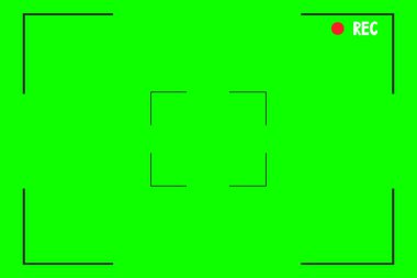 Yeşil ekran krom anahtar arkaplan, ekran bulucu kamera çerçevesi, video film ekran şablonu, üst üste. Izgaralı sinema görüntüsü. Vektör illüstrasyonu